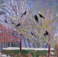Blackbird and birches, oil on canvas, 40x 40